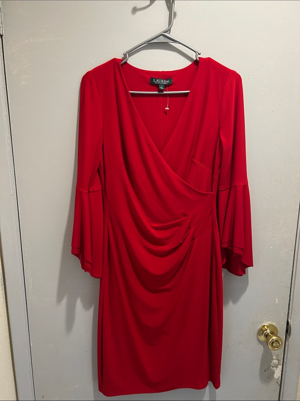 Lauren Ralph Lauren Red Gathered Wrap-Style Dress with Bell Sleeves